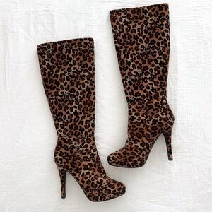 Leopard Print Knee High Heeled Boots